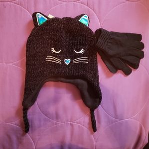 NWT Kids Black Cat Chenille Hat & Gloves One Size